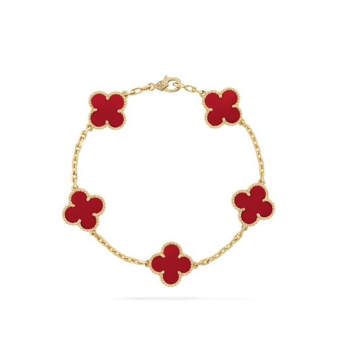 99新 梵克雅宝 Vintage Alhambra 红玉髓幸运四叶草五花手链