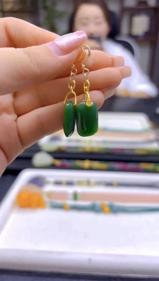 和田玉（碧玉）14K金镶嵌耳饰DIY款E171