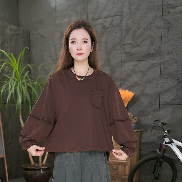 秋季圆领套头长袖休闲风卫衣女装百搭复古纯棉上衣女