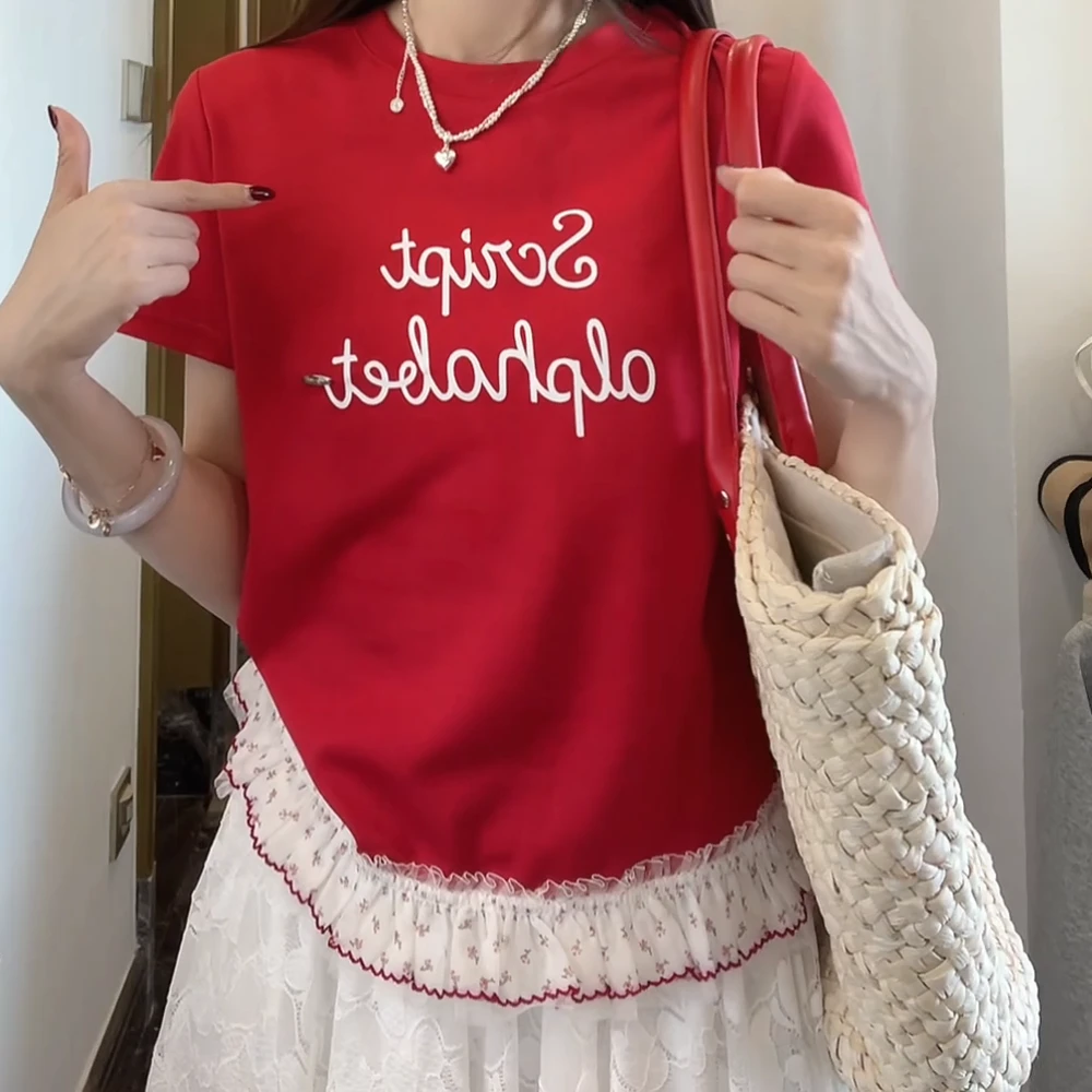 【蕾丝拼接】春季韩系花边蕾丝拼接英文T恤短袖上衣女