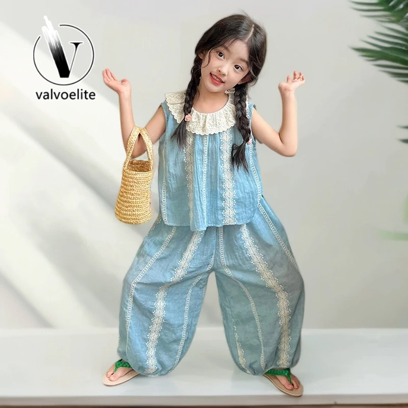 VALVOELITE森系洋气套装夏新款时尚休闲娃娃领上衣童装女童小清新