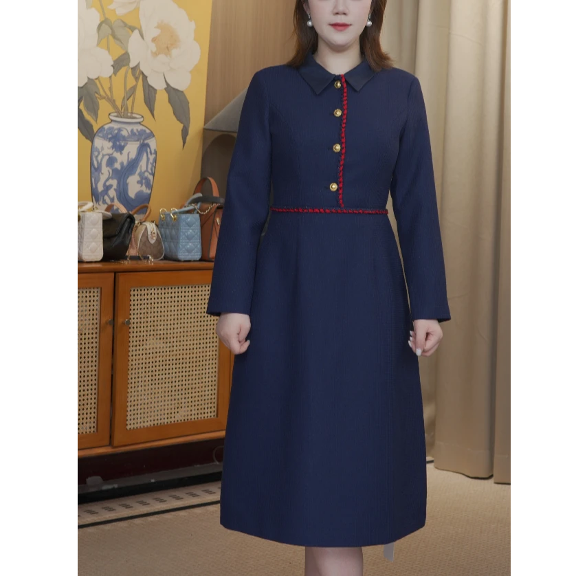 K25070F织带撞色华夫格连衣裙秋冬新款优雅气质显瘦A字裙（有内衬）