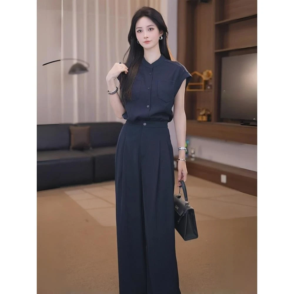 韩系时尚气质套装女士夏季新款立领短袖上衣高腰阔腿裤减龄两件套