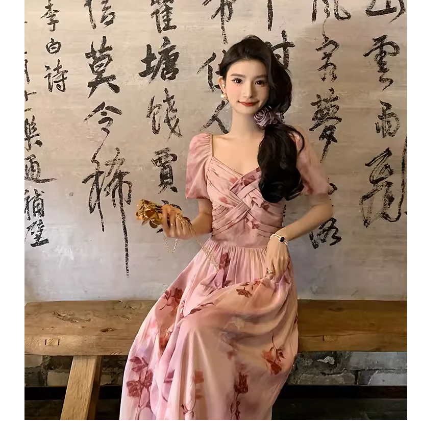 薇宝儿塔塔【微醺玫瑰】2024年原创新款显瘦收腰连衣裙-B3130K