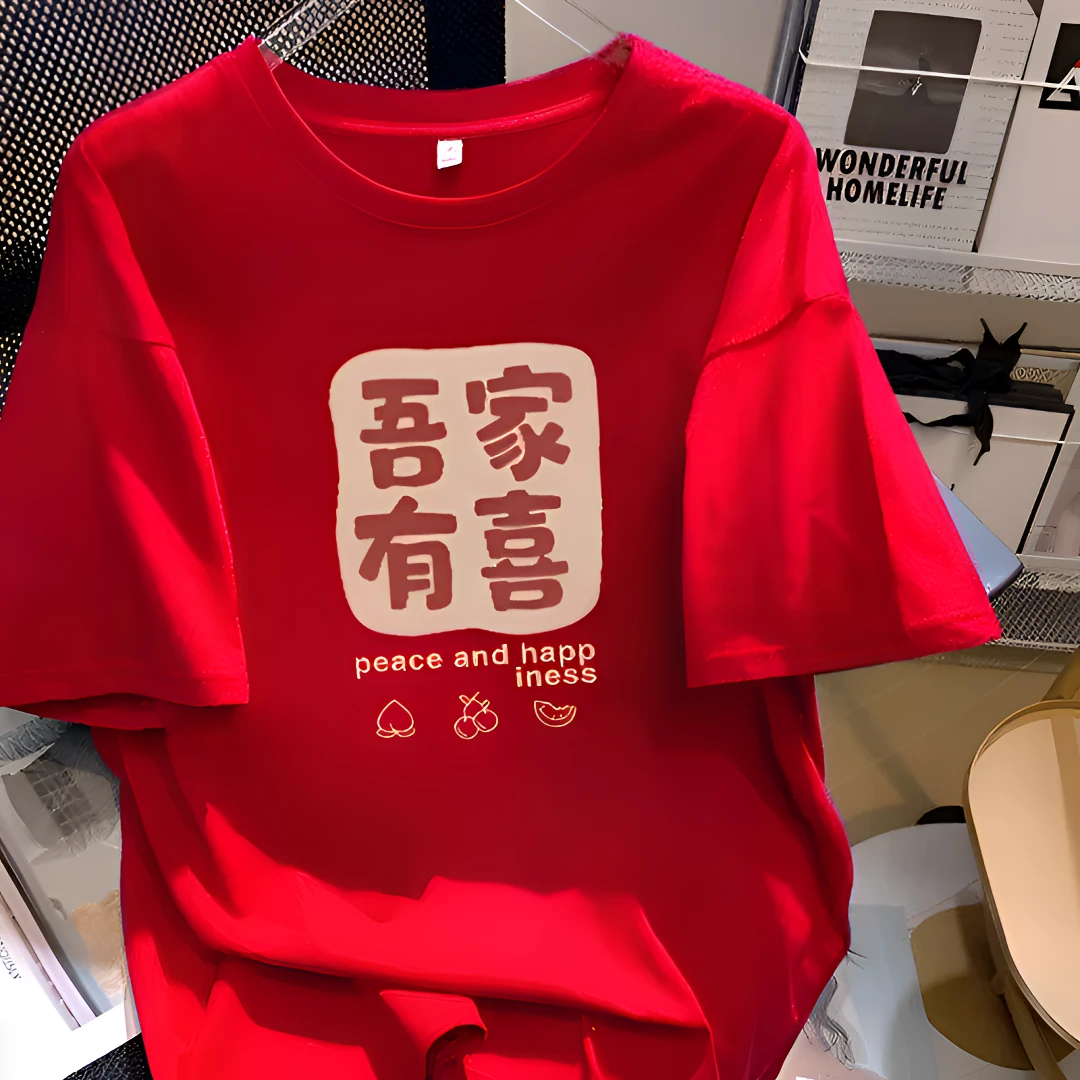2024吾家有喜印花纯棉情侣短袖大码结婚订婚登记全家福红色t恤潮