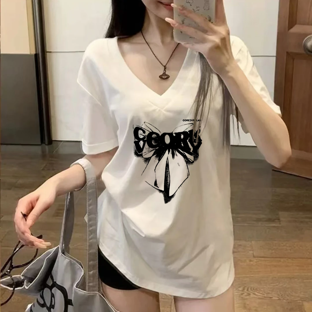 纯欲慵懒风纯棉T恤V领2025新爆款短袖女宽松遮屁股洋气显瘦上衣潮