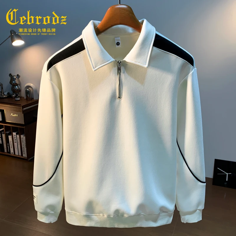 法国Cebrodz拼接半拉链polo领卫衣男士秋季新款条纹大码翻领潮流