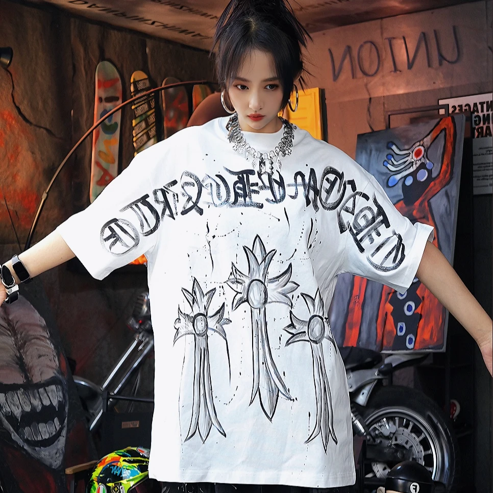 XLUN 【克罗十字】明星同款重磅涂鸦短袖 拼接印花宽松不规则男女款