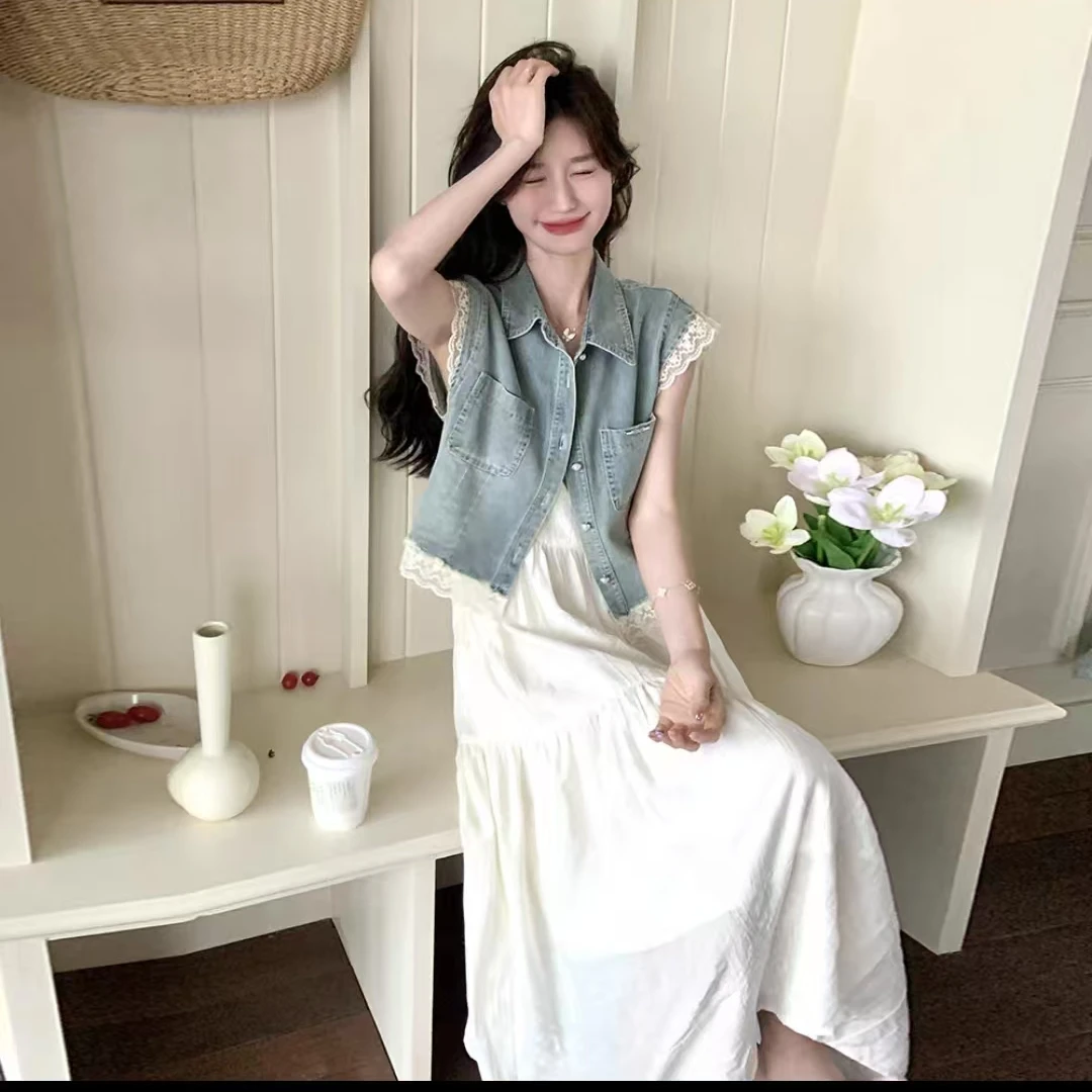 30时尚套装裙女新款夏装洋气减龄蕾丝拼接牛仔上衣吊带裙两件套