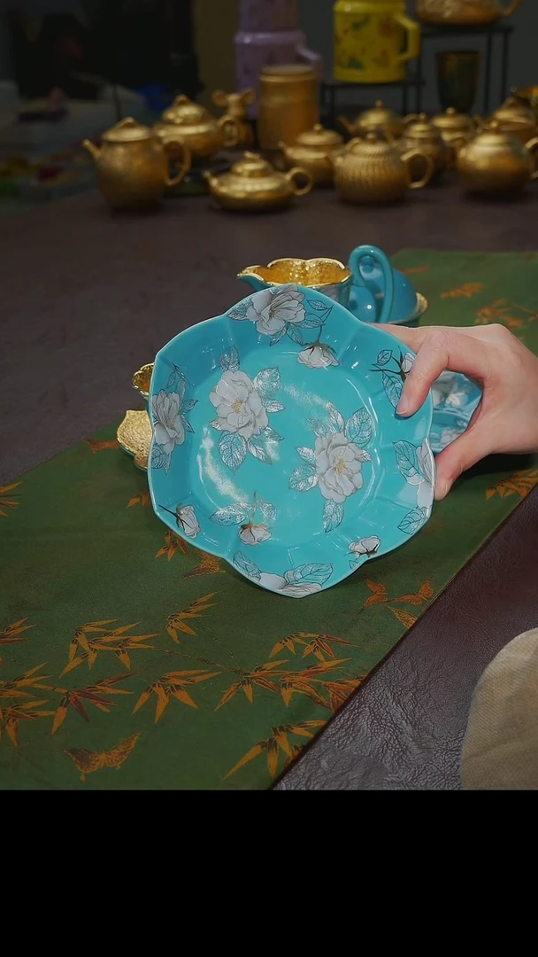 茶杯紫砂【宜景窑松石蓝鎏金系列】壶承
