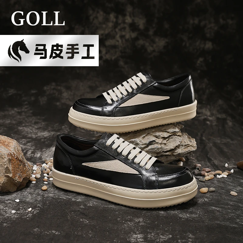 GOLL古尔2025新款男士头层马皮时尚小白鞋系带真皮轻薄运动板鞋