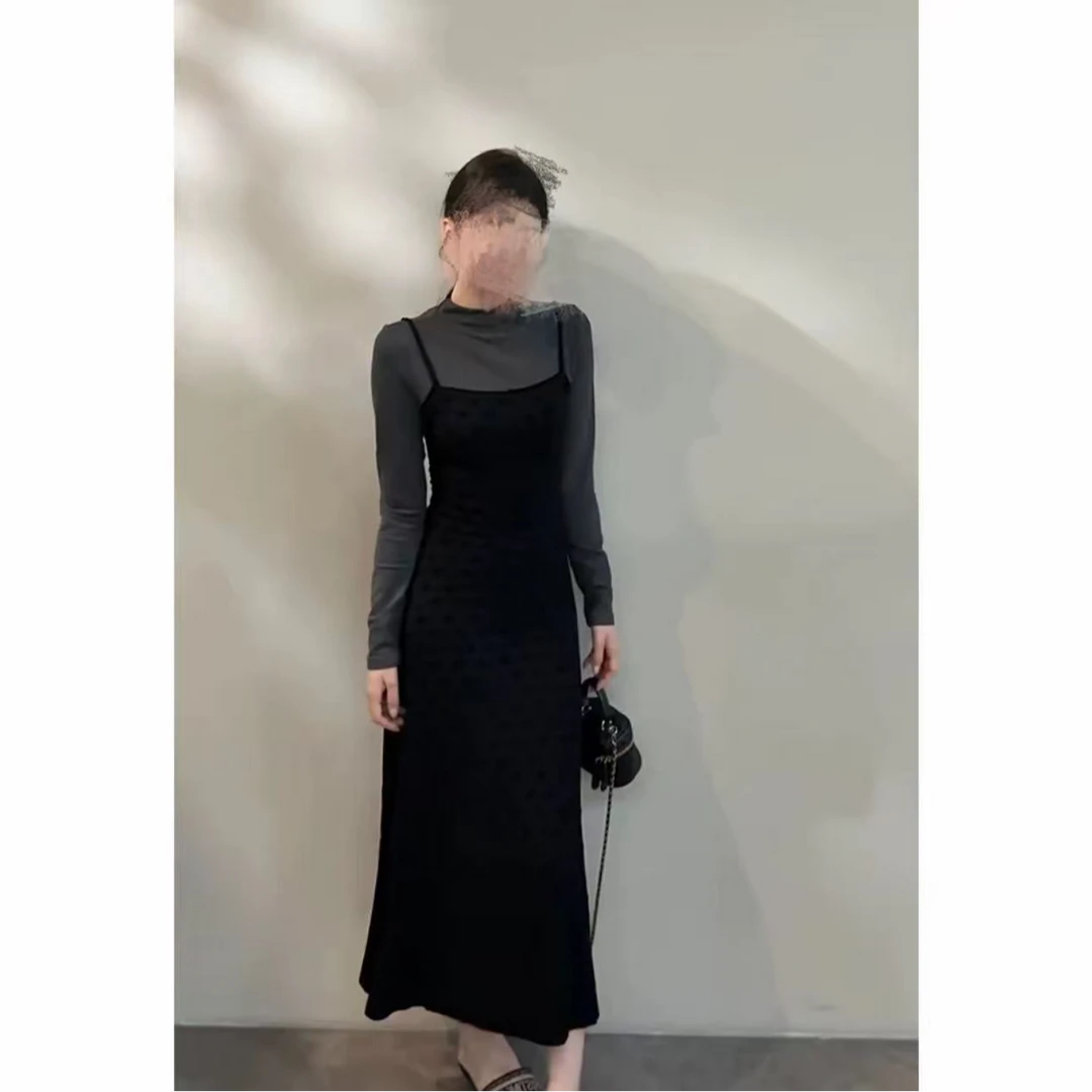 秋季假俩件半高领长袖针织连衣裙显瘦气质感贵系长裙