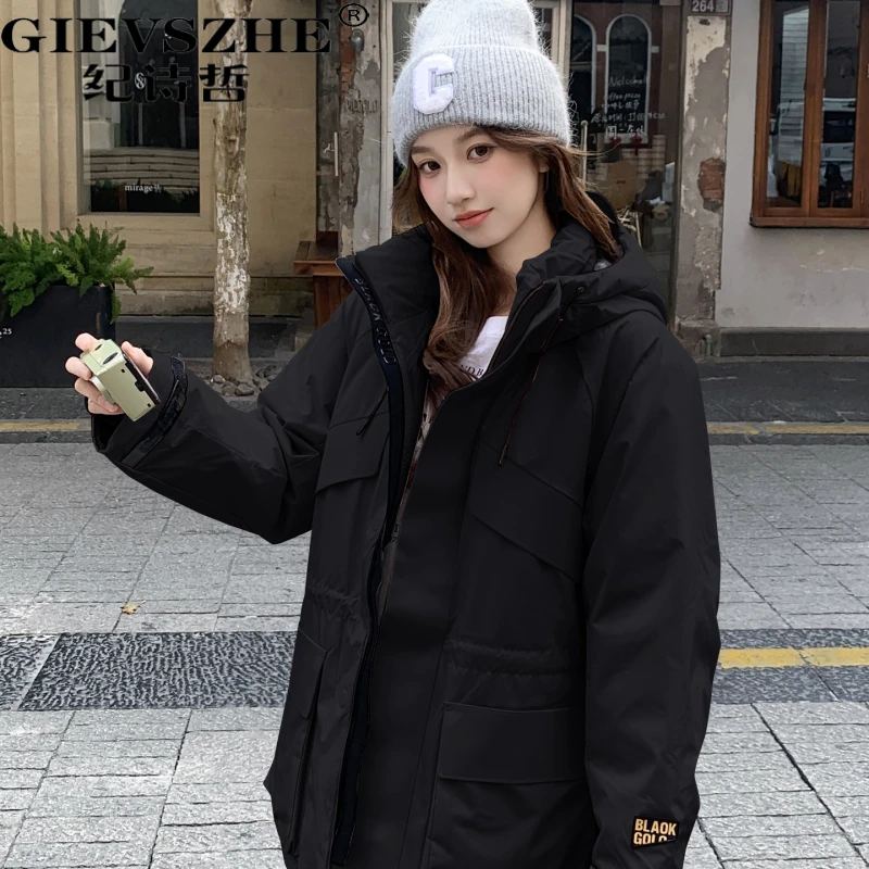 【90白鹅绒】纪诗哲黑金羽绒服女冬季新款中长款加厚宽松连帽外套