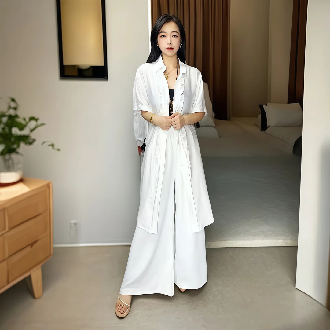 中国风松型气质系带白色外套衬衫时尚薄款中长款衬衫850（白色）