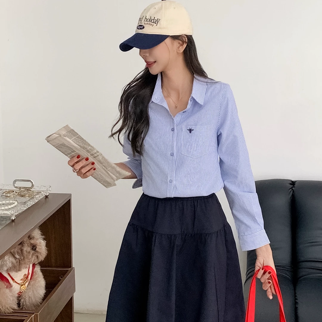 2025春季新款韩系时尚刺绣条纹衬衫女短款百搭减龄单排扣长袖上衣