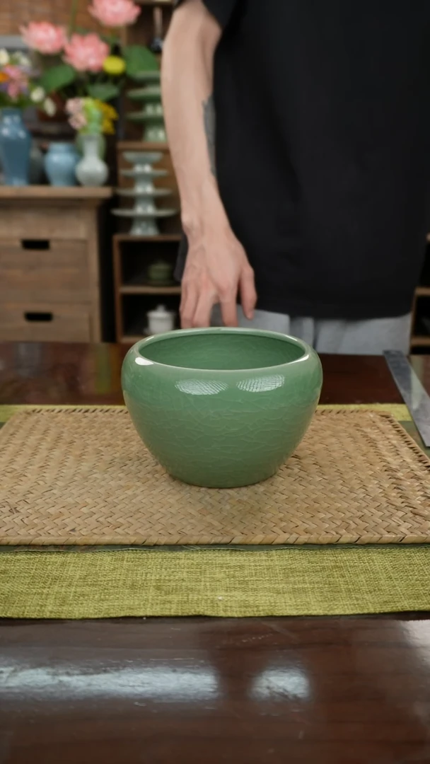 陶瓷一件包邮梅子青苹果茶渣缸14x10