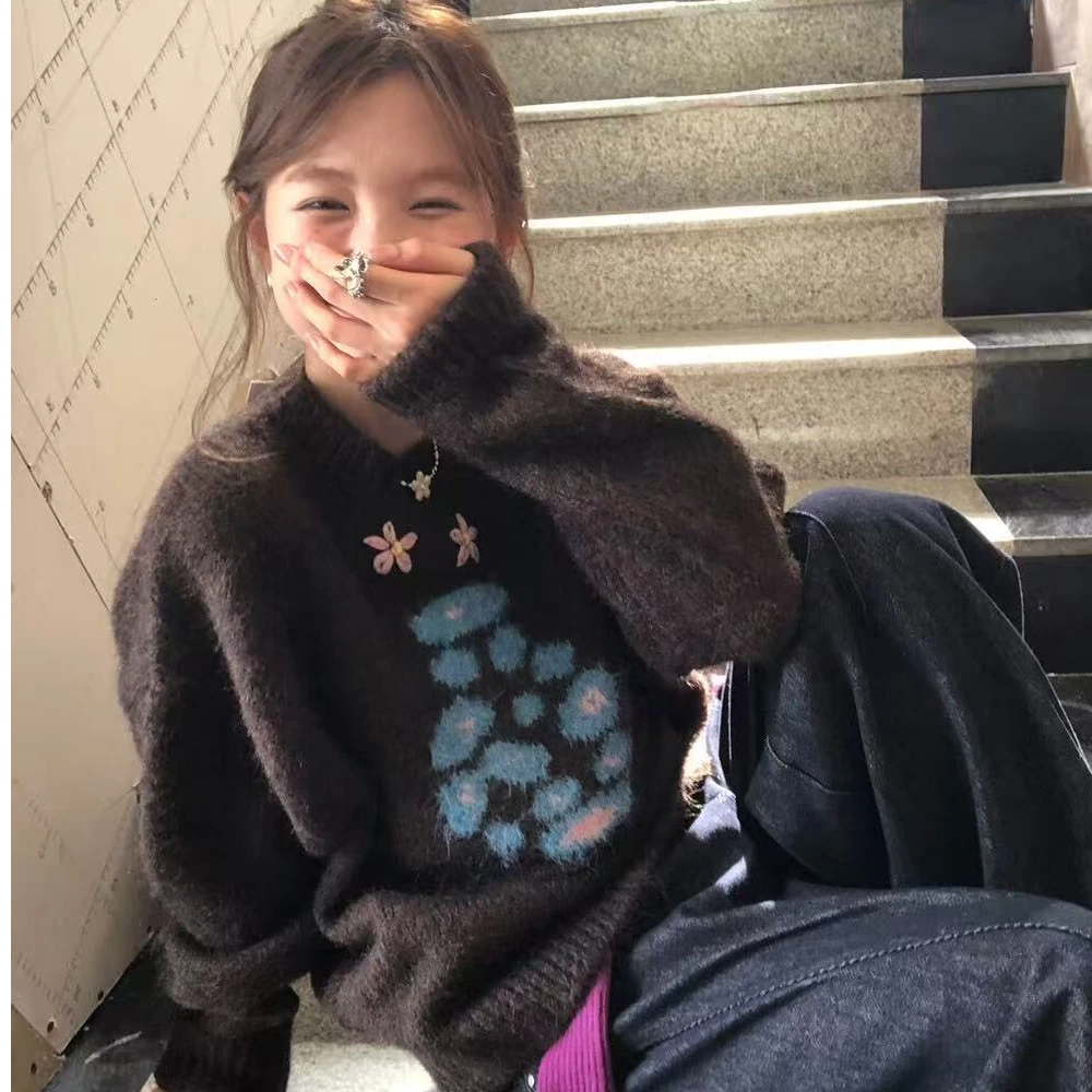 甜粿妹妹撞色花朵毛衣女秋冬韩系复古懒慵软糯毛圆领套头上衣
