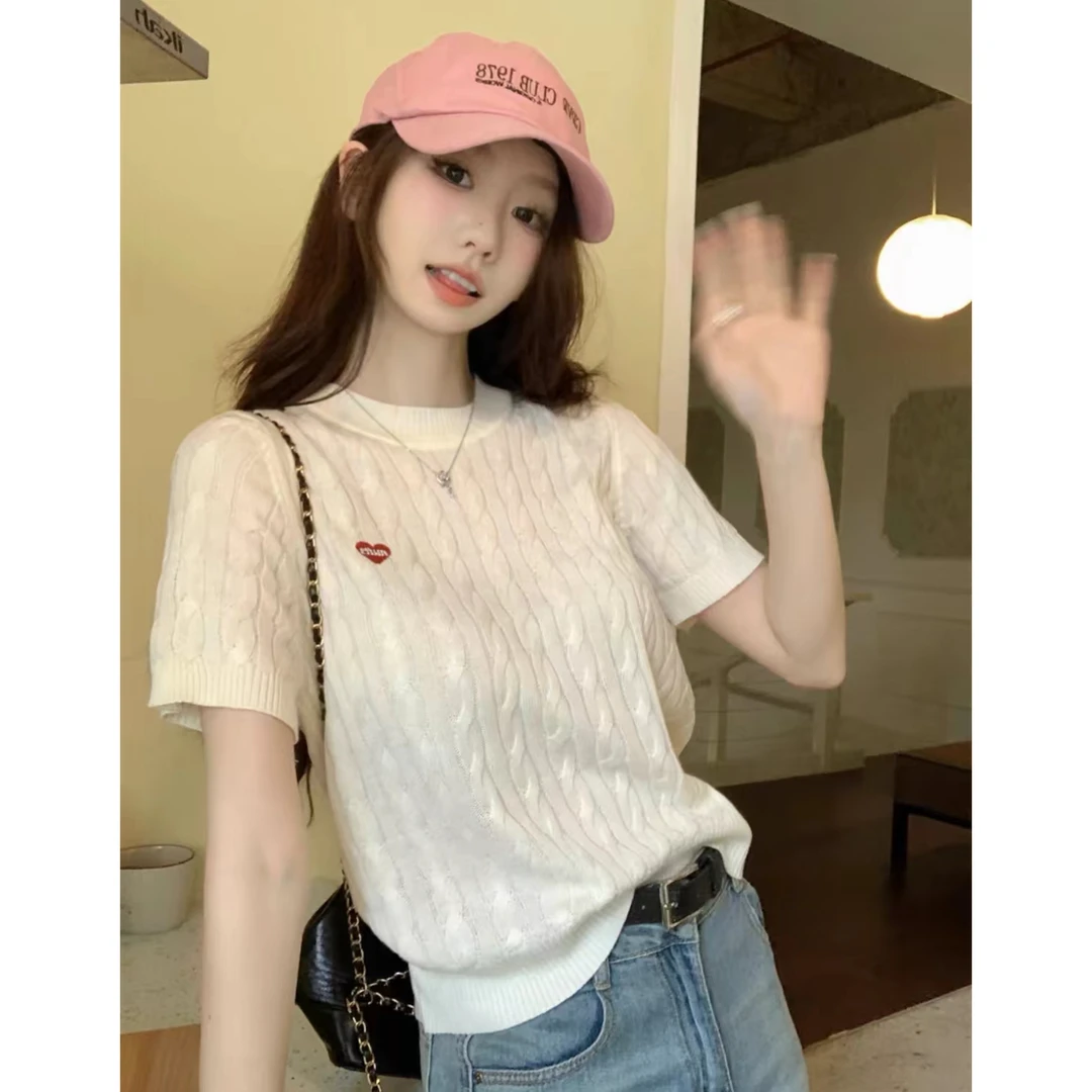 特！门店21&9！温柔感！绞八纹短袖圆领女式针织衫Z00310