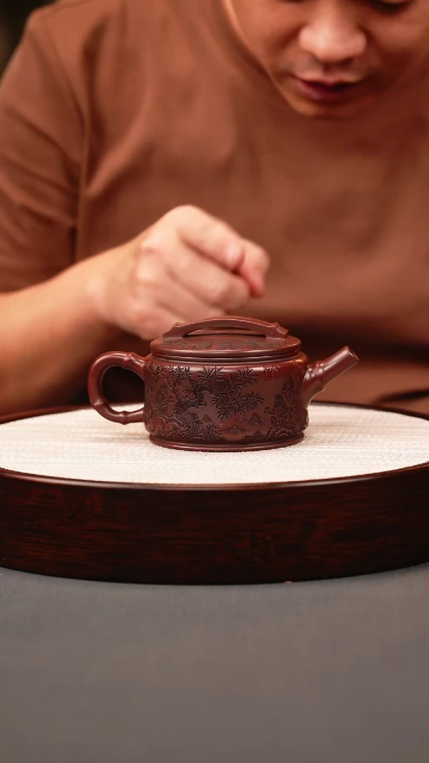 茶壶紫砂古红泥 竹节汉瓦 灵猴