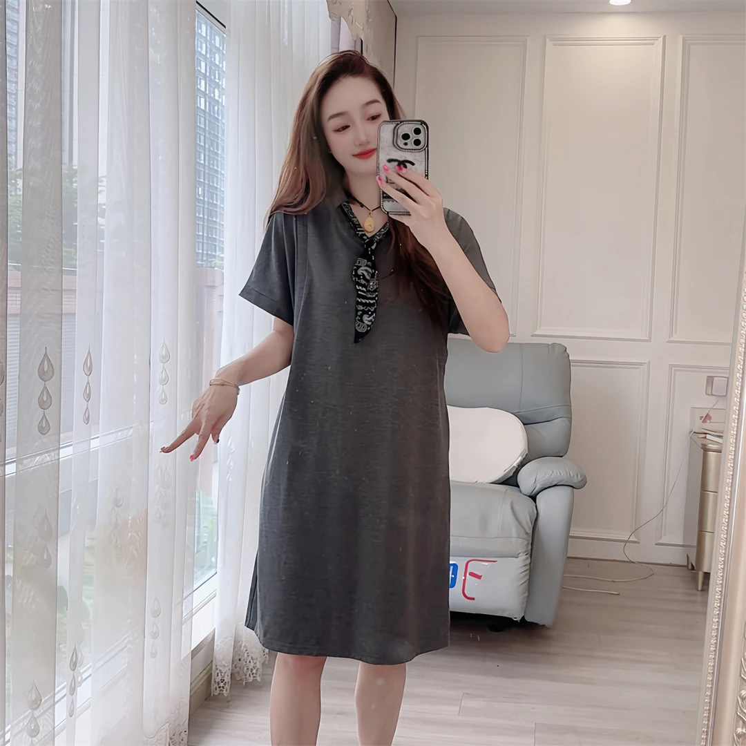 5109（现货）夏季新款显瘦连衣裙中长款V领丝带直筒裙长裙宽松A字裙