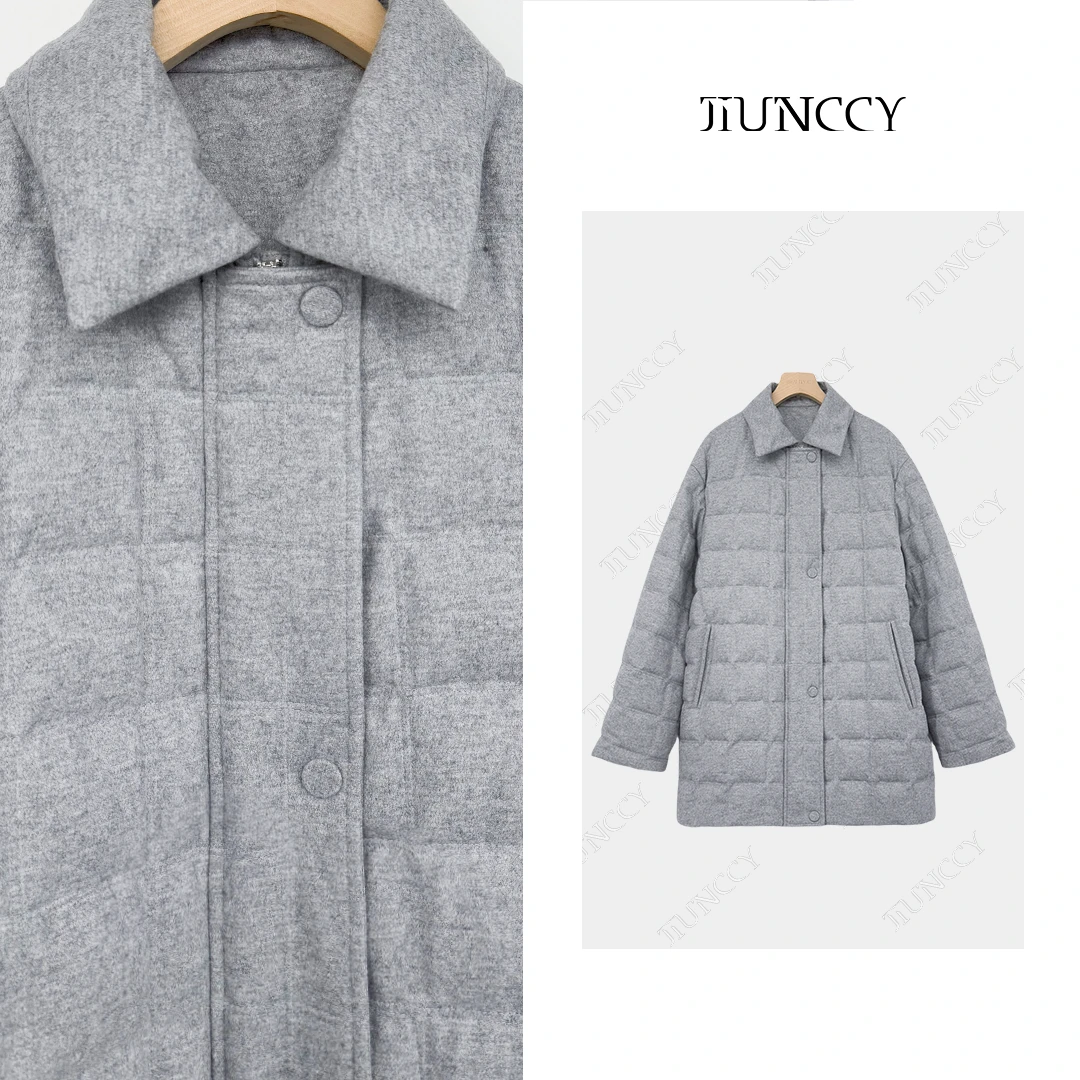 JIUNCCY【铃兰】羊毛棉混纺横条绗线一手长90白鹅绒服外套 42YRF109
