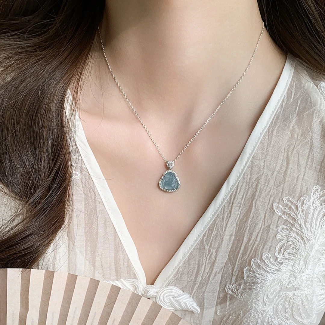 钛钢项链 蓝色锁骨弥勒佛项链新佛公国风中式大肚佛吊坠