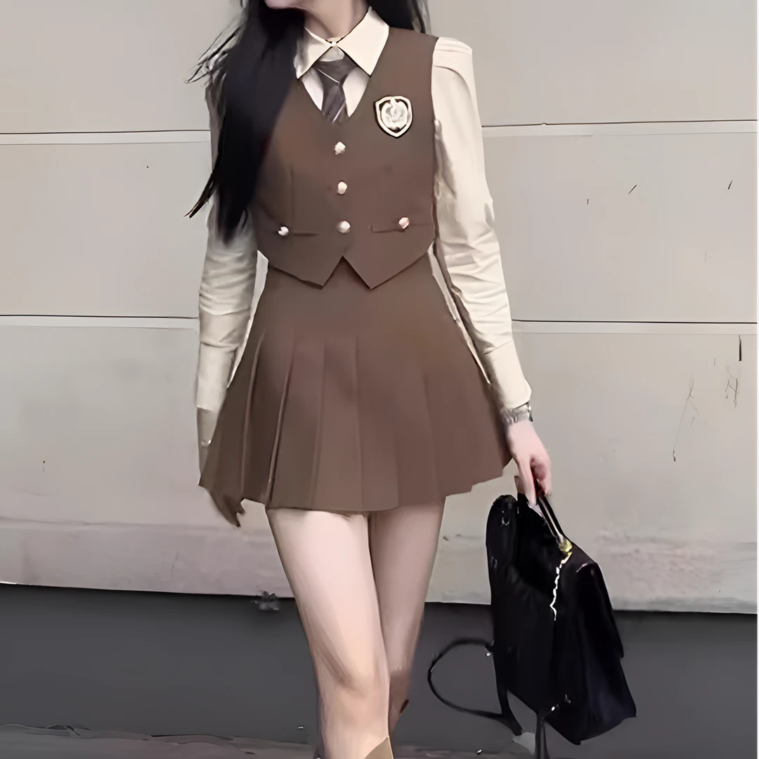 小个子穿搭时尚西装衬衫马甲百褶短裙三件套春季美式学院风套装女