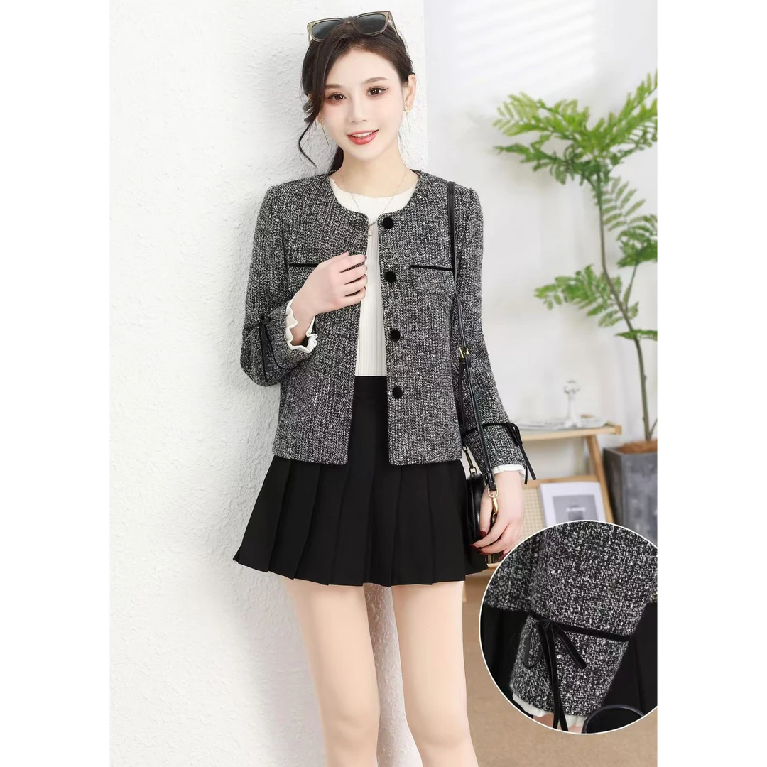 006长袖纯色春装女款短外套单排扣时尚小香风显瘦气质款