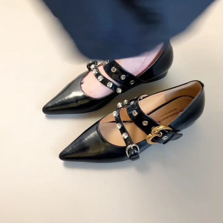 Pokoy-2.5cm法式复古尖头金属扣一字带玛丽珍鞋新款百搭粗跟单鞋