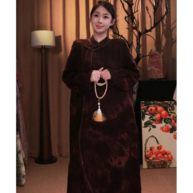 壹木亚麻晕染扎染国风立领袍子文艺