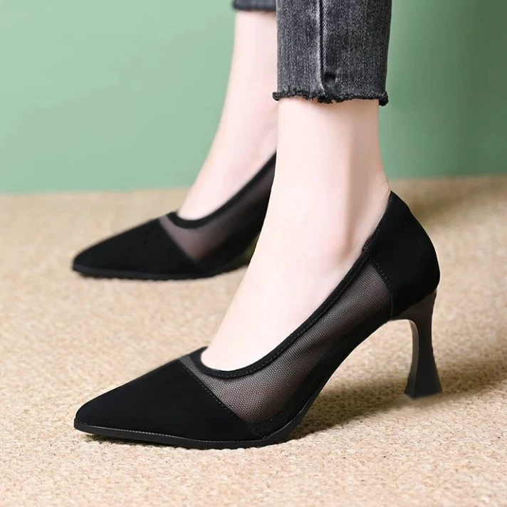 网纱高跟鞋2025新款夏季黑色百搭职业单鞋女透气舒适细跟女凉鞋