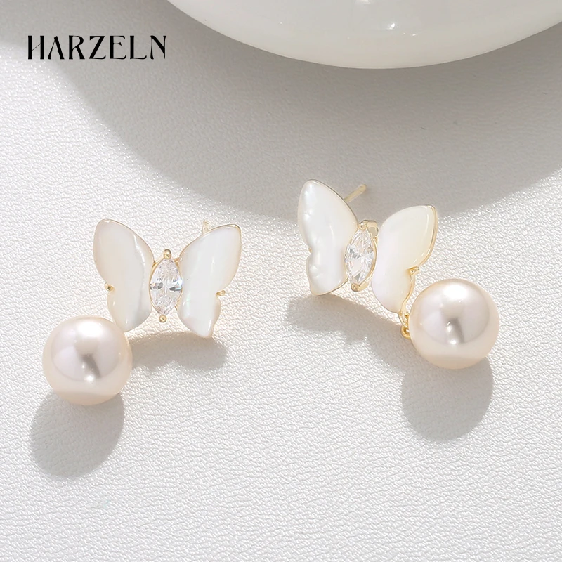 HARZELN白弧面贝壳耳钉925银针 蝴蝶珍珠耳坠轻奢耳环高级感