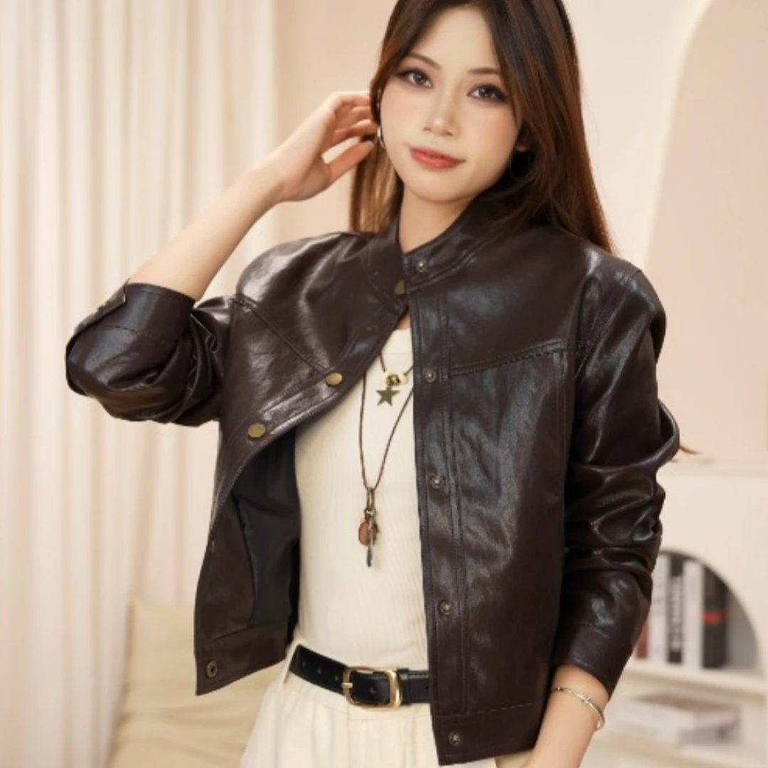 2025秋冬季新款短款女士机车外套立领显瘦气质修身时尚百搭休闲