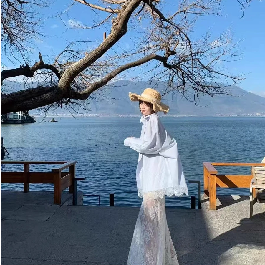【柚子推荐】宽松百搭蕾丝衬衫+蕾丝美背+显瘦长款蕾丝半身裙