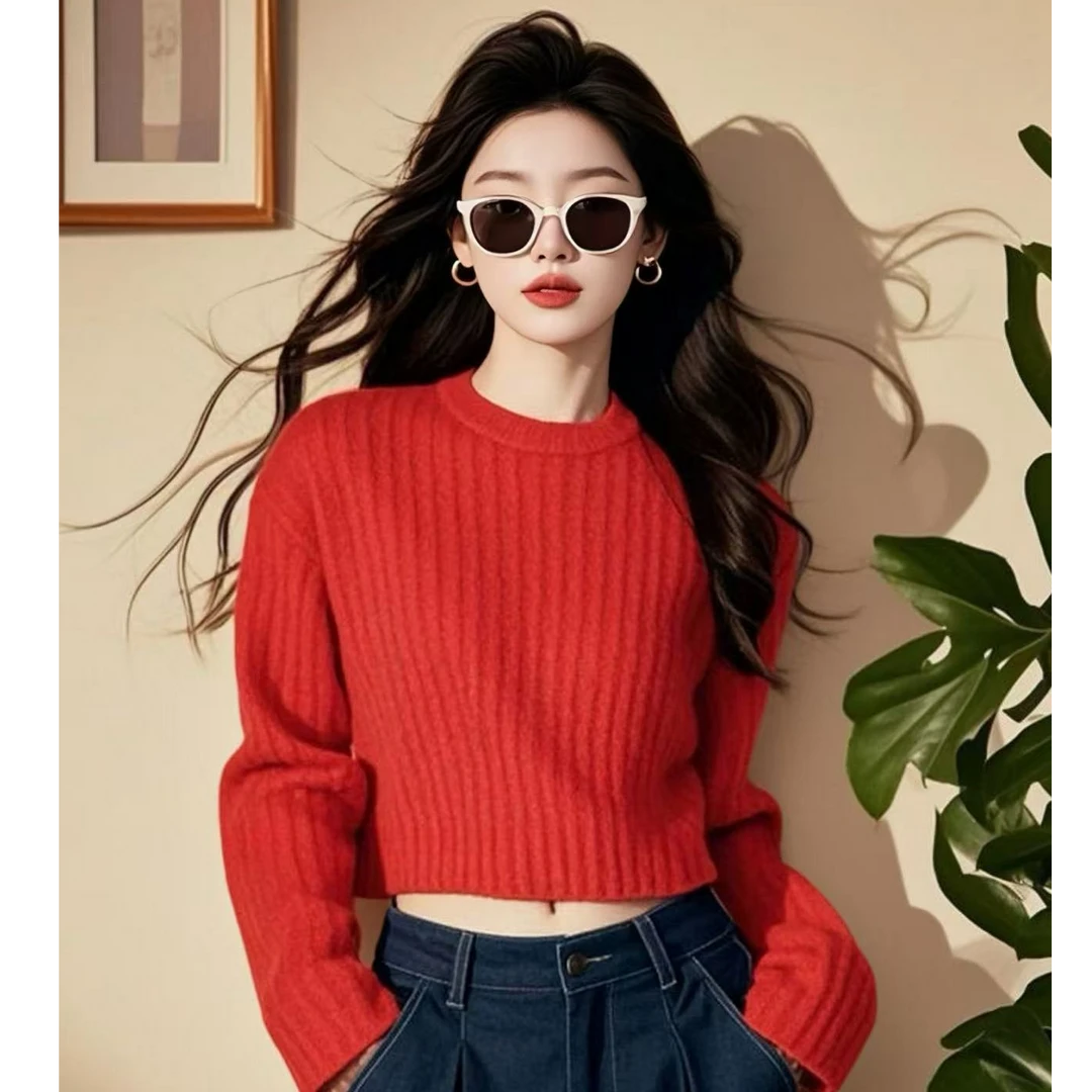 针织打底衫内搭上衣慵懒风高级感超好看圣诞新年红色毛衣女秋冬季