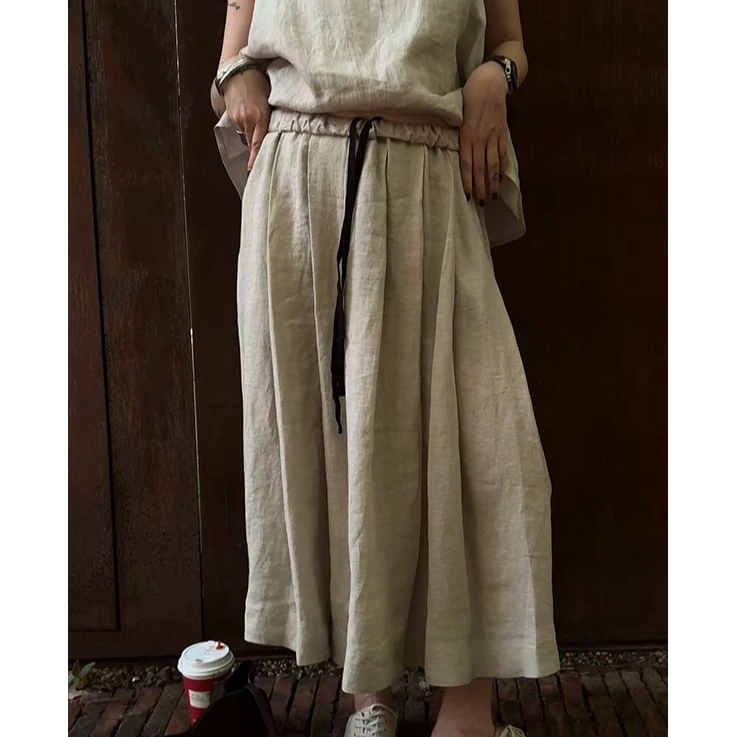 【DYMMXYMM】-春夏极简风松紧卡其色系绳亚麻中长裙半裙-5SSY6239