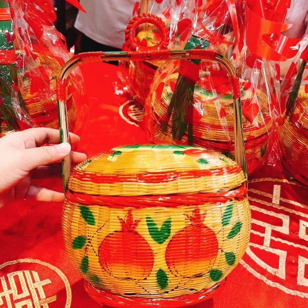 潮汕纯手工彩绘竹篮婚嫁花篮竹编篮子收纳蓝储物篮传统竹艺摆件