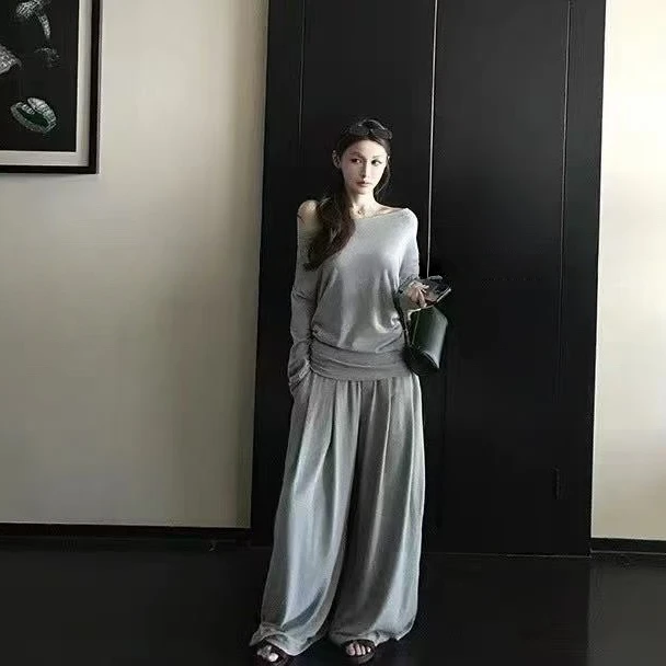 NICE圈圈/博主风单边褶皱斜肩上衣+阔腿重工休闲裤套装A13155