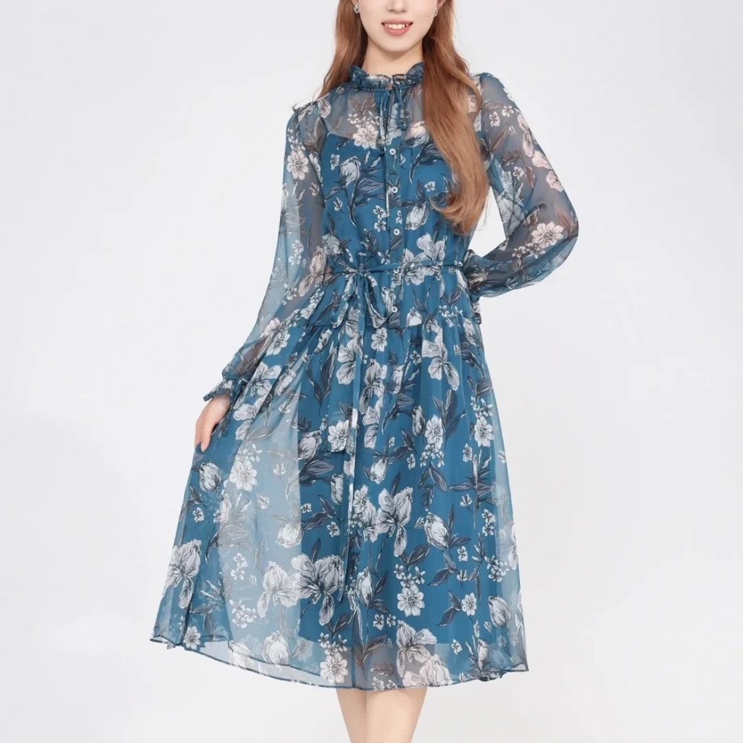 GIRDEAR/哥弟   优雅浪漫木耳边国风印花两件套连衣裙1500465