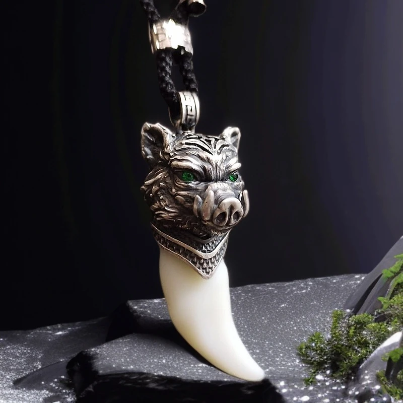 玉狼牙 猪款 925银镶 手工 时尚 百搭 复古 个性 小众和田玉吊坠