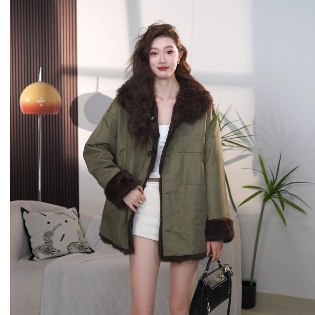 派克服女短款款翻毛领一衣2穿冬季新款毛毛外套大衣时尚百搭-2058