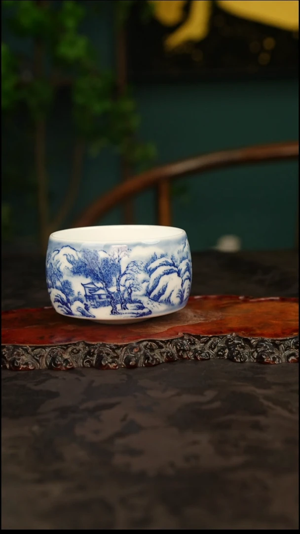 z*j九段烧青花手绘雪景主人杯