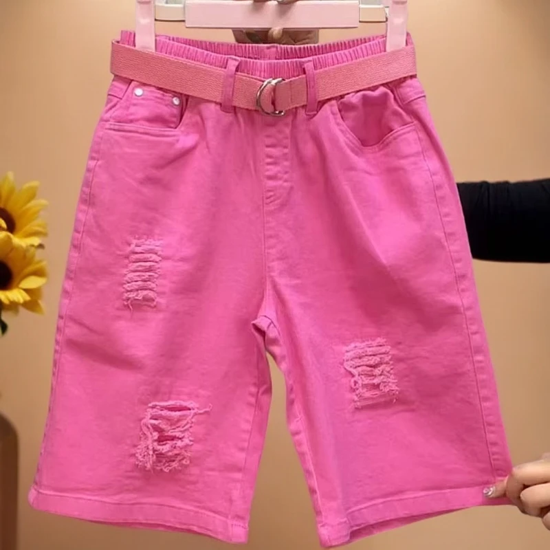 夏季新款时尚破洞水洗五分裤宽松百搭热裤个性糖果色弹力短裤纯色