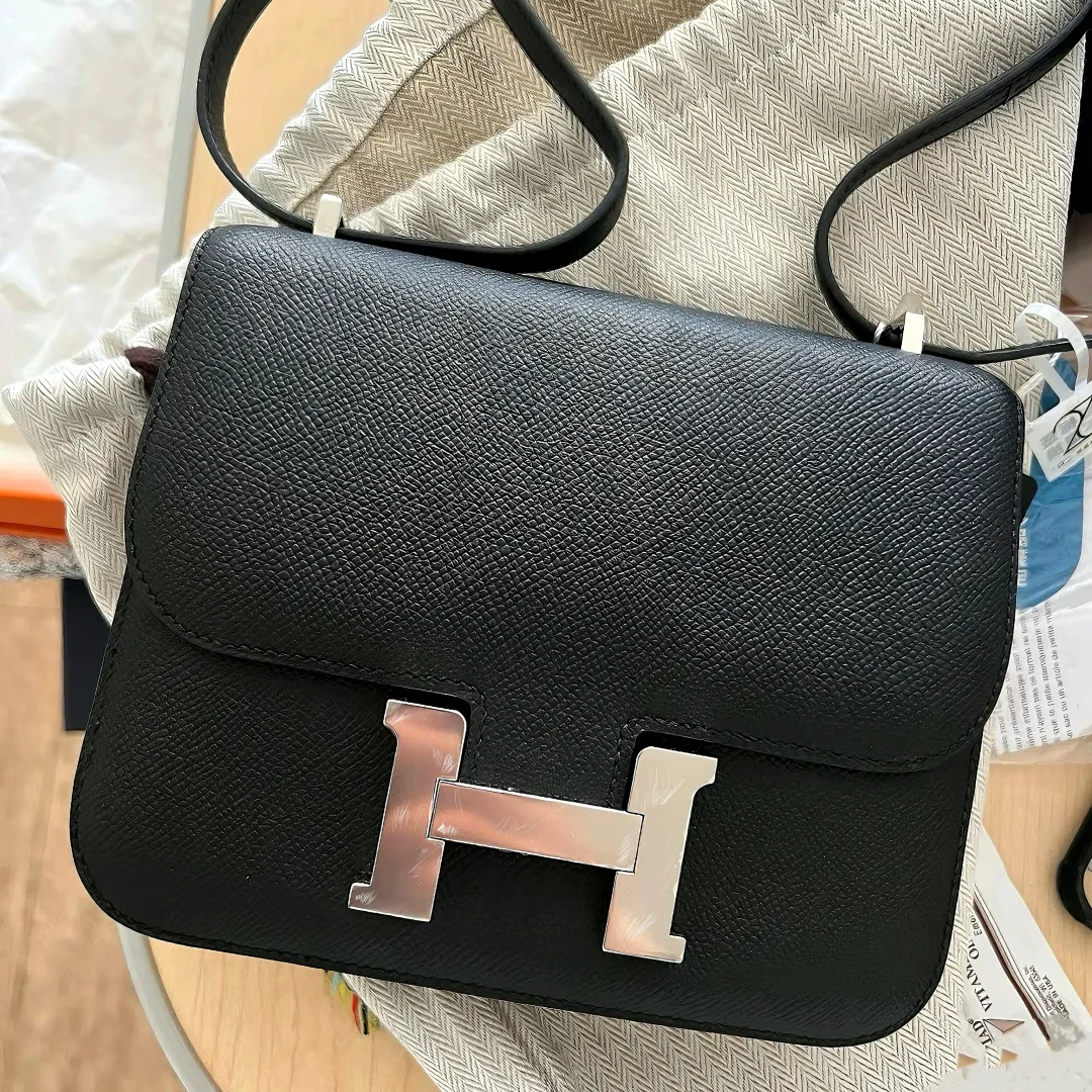 99新 Hermes/爱马仕 小花柳  康康 19 黑色 Ep皮 K刻 银扣斜挎包