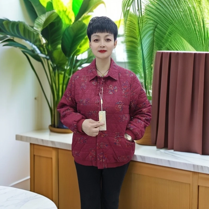 中老年女性夹棉外套纯棉印花宽松短款夹克妈妈奶奶装网红