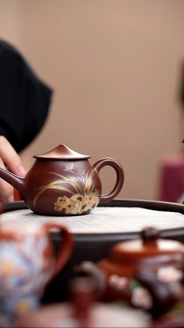 茶壶紫砂紫泥渔翁金银错