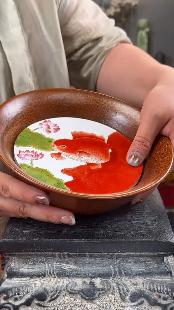 金花釉上彩瓷片茶盘富贵有鱼大碗茶盘