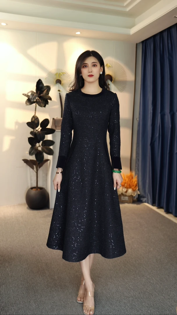 长袖修闲风秋冬连衣裙中长款圆领女装气质修身时尚9029