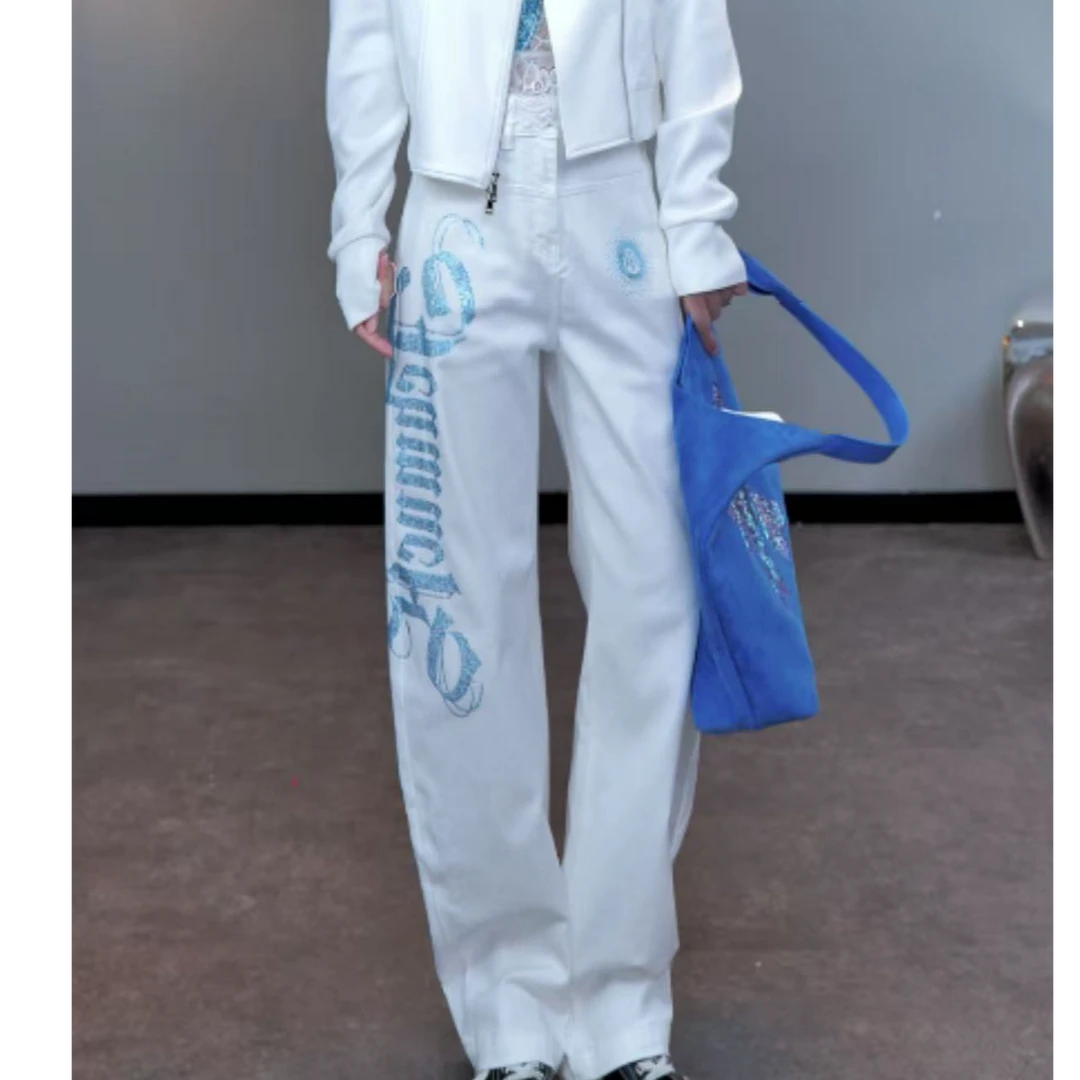 TCH私服秋款时尚休闲风烫钻淑女白色牛仔裤T75C20E5156轻奢tch