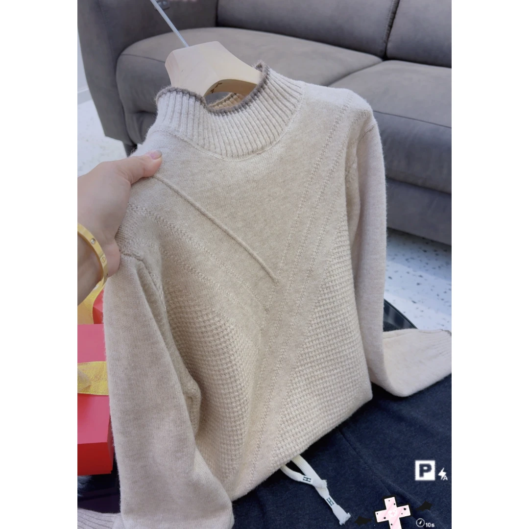 2315【半高领V提花拼色毛衣】秋冬新款女士韩版百搭针织衫